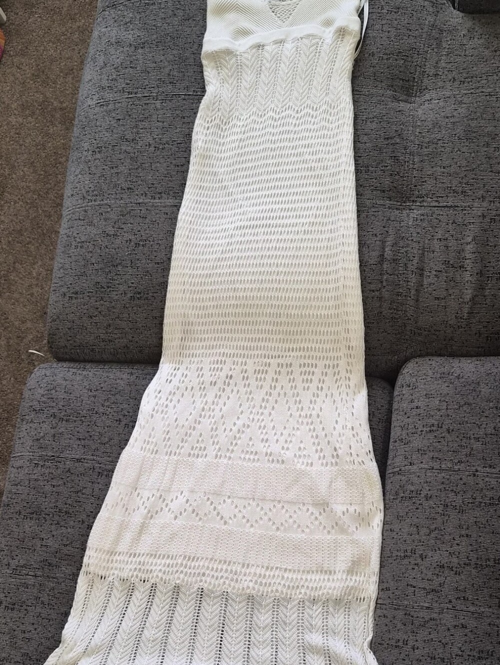 bebe White Knit Maxi Dress with Openwork Lace Panels